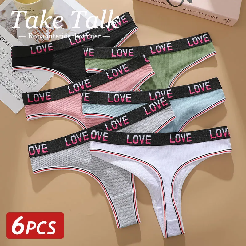 6PCS/Set Women Cotton Thongs Sexy Low Waist T-Back Thongs Ribbed Comfortable Female Underwear Ladies