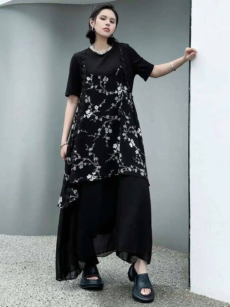 

Women Black Pattern Printed Big Size Long Strap Dress New Round Neck Sleeveless Fashion Tide Spring Autumn