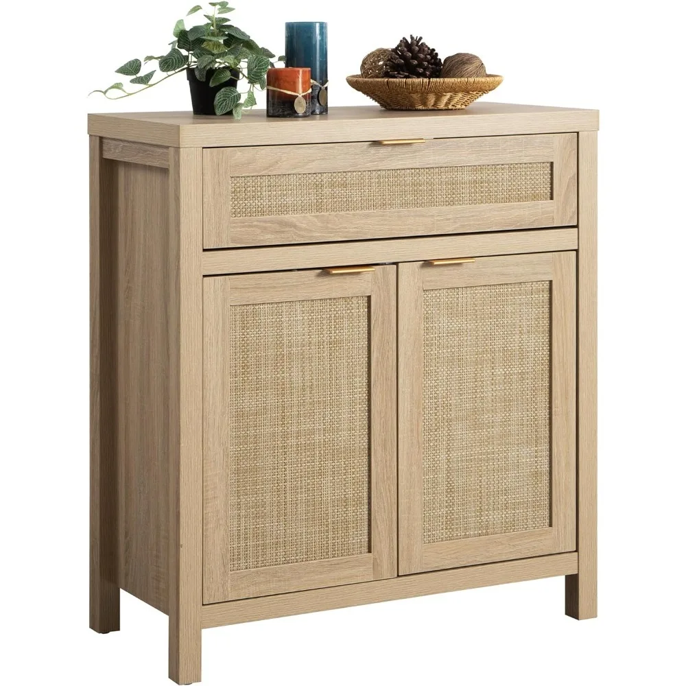 

Side panel storage cabinet, rattan colored cabinet with doors and drawers, control panel entrance living room cabinet