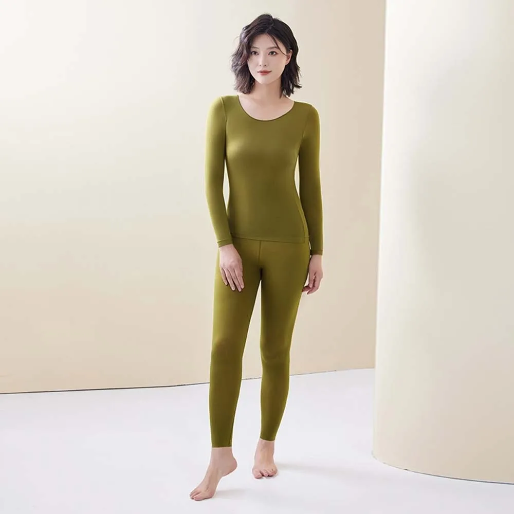 Ultra Thin Women Thermal Clothes Round Neck Invisible Thermal Underwear Lingerie Tops and Pants Set Warmth Long Pants Undershirt