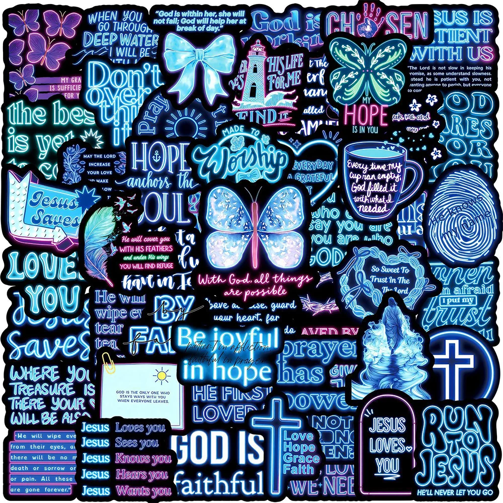 

10/30/50pcs Neon Style Blue Bible Inspirational Phrases Stickers Guitar Motorcycle Luggage DIY Aesthetic Cute Sticker Decals Toy