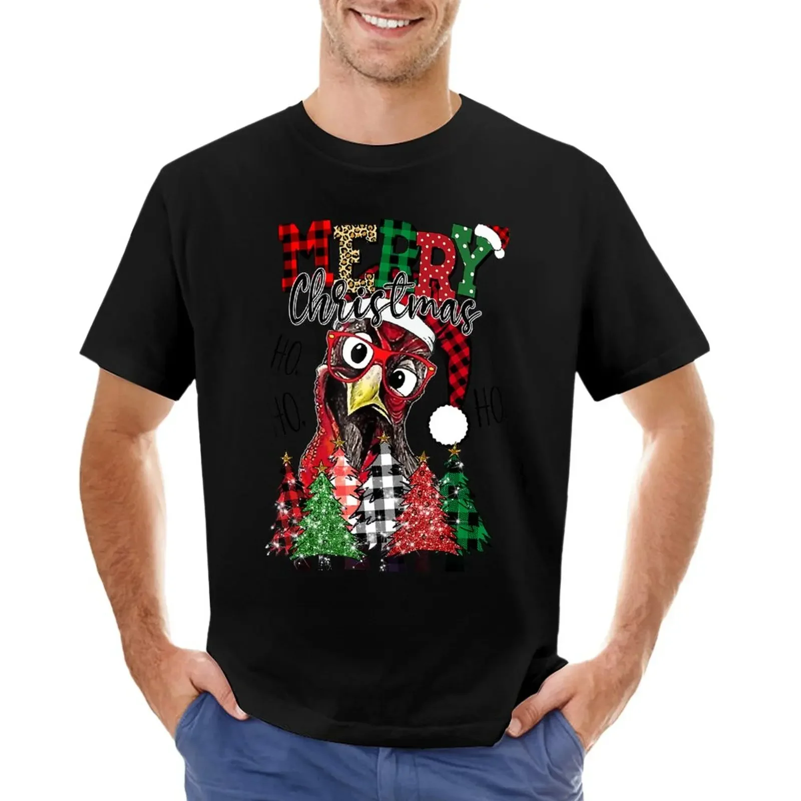 

HO HO HO Merry Christmas Chicken Lover Farmer Xmas Tree T-Shirt tops sweat t shirts for men graphic