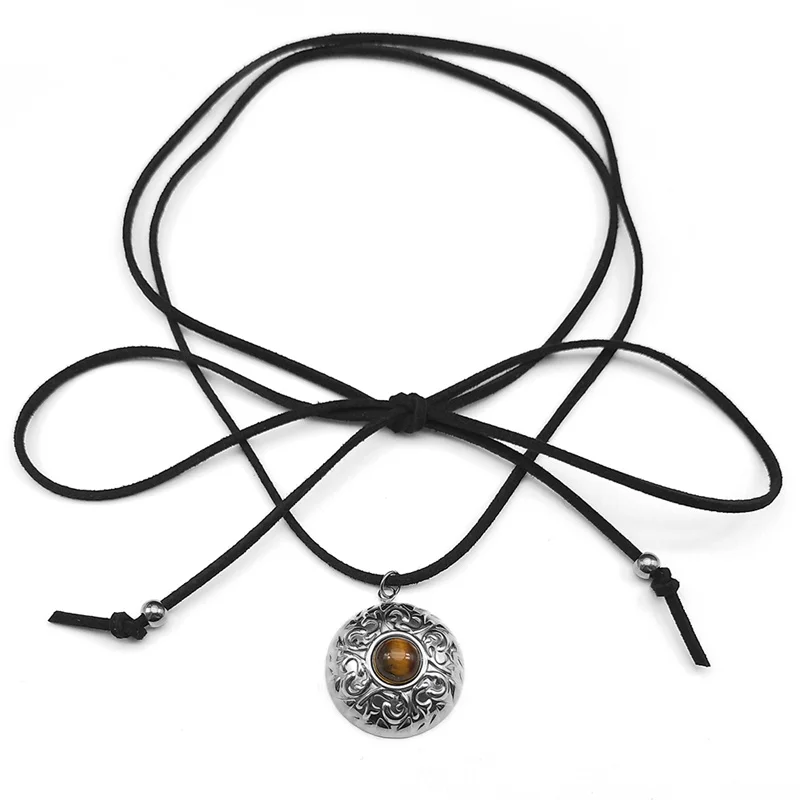 

Stainless Steel Semicircular Tiger Stone Pendant Necklace for Women Girl Adjustable Long Rope Chain Necklace Body Jewelry Gift