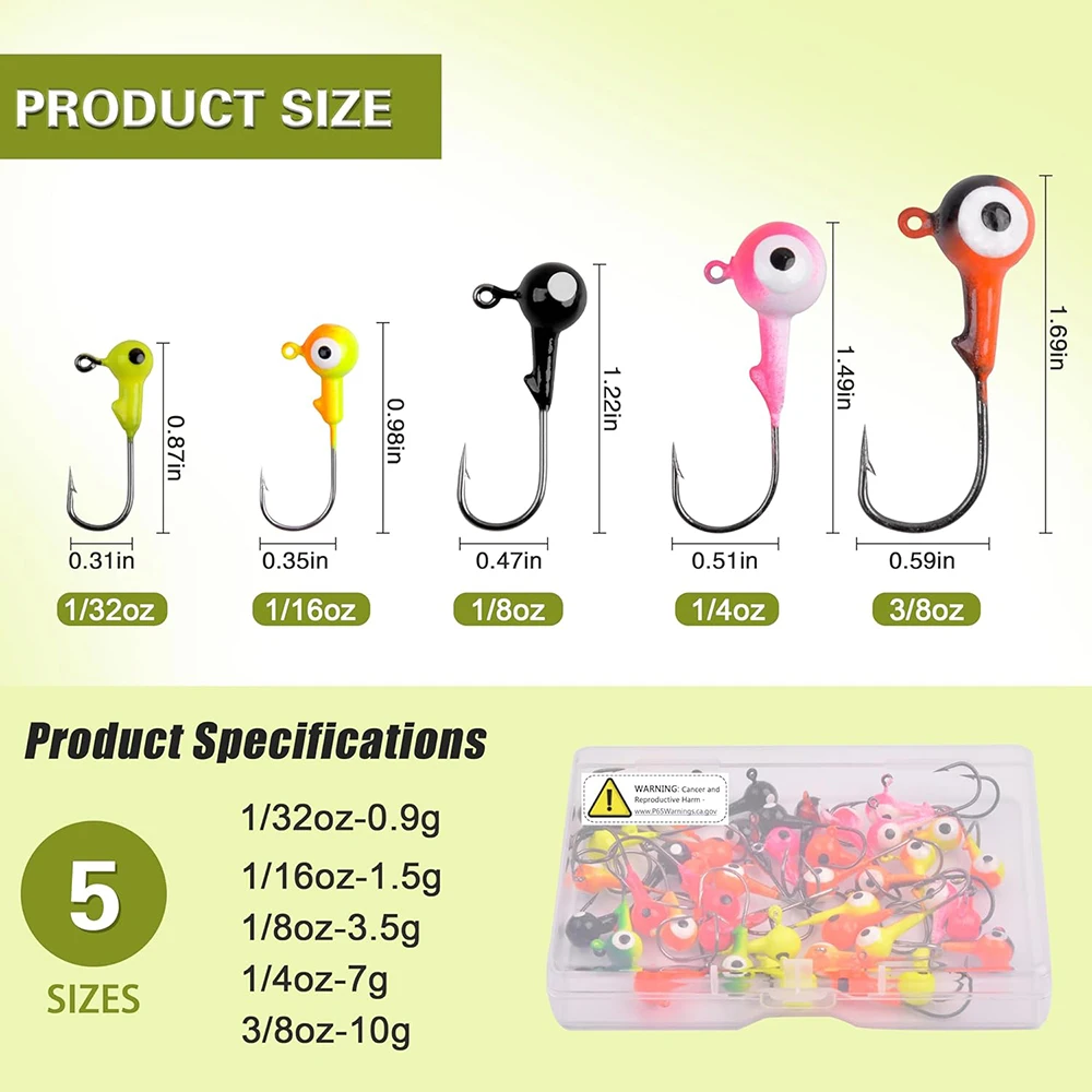 35Pcs/55Pcs Jig Head Hooks Round Ball Head Fishing Worm Jigs Hook Bass Lures Crappie Jig Heads for Trout Walleye Fishing Tackle