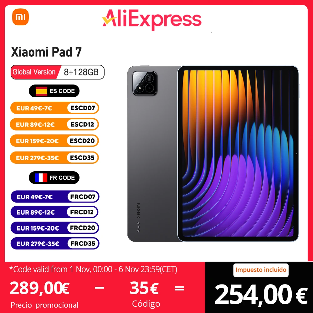 Xiaomi Pad 7 Tableta Snapdragon 7+ Gen 3 Pantalla de 11,2", 3.2K, 144Hz, 13MP, 8850mAh, Dolby Atmos, Wi-Fi 6E, Sin Cargador