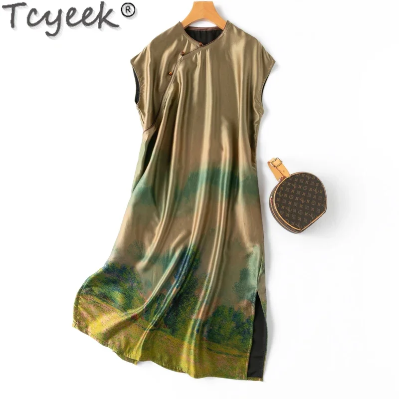 

Tcyeek 40MM 100% Mulberry Silk Dresses for Women Spring Summer Clothes 2024 Elegant Women's Dresses Qipao Dress Vestido Mujer