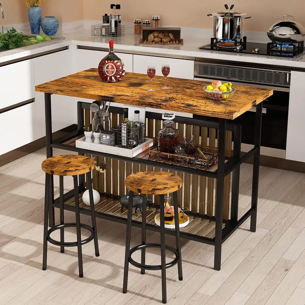 3 Piece Bar Table and Chairs Set, Industrial Bar Table Set or 2 Kitchen Island with Seating,Counter Height Table with Storage Sh