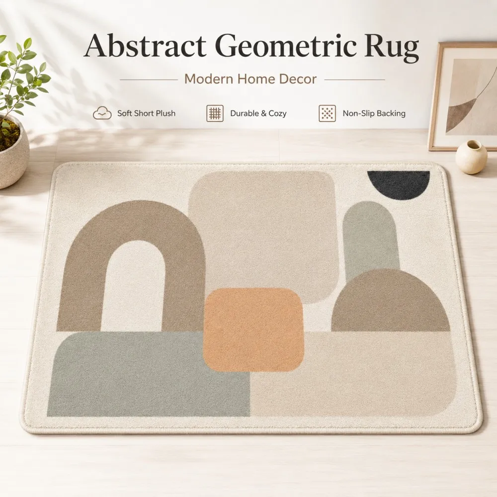 

ESRBSO Abstract Geometric Flannel Rug Soft Short Plush Non Slip Floor Mat Modern Neutral Carpet for Bathroom Bedroom Home Decor