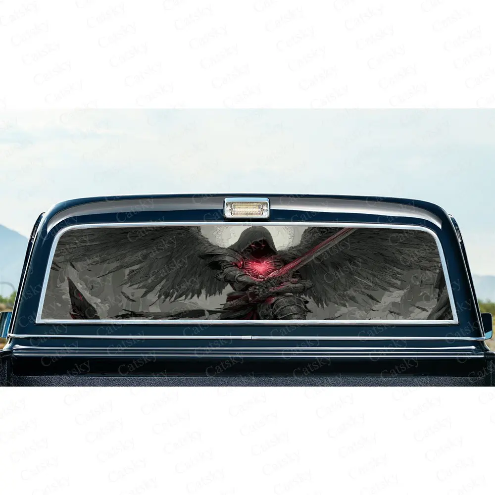 Dark-Winged Blood-Heart Knight Perforated Car Vinyl Wraps, Durable Car Rear Windshield Sticker, Waterproof Car Rear Window Decal
