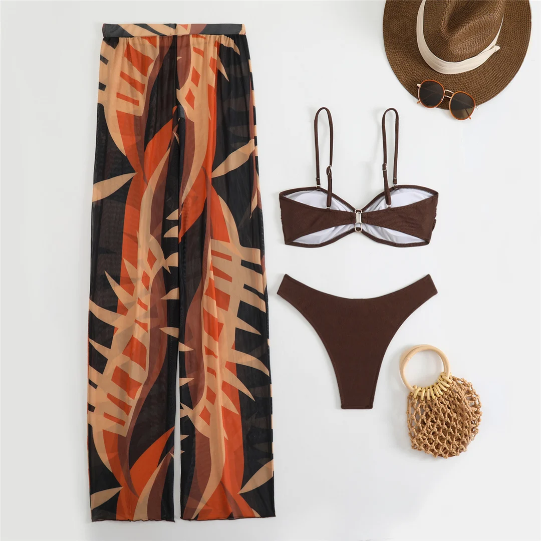 Mit bedruckten Hosen, Bikini, Damen-Badeanzug, dreiteiliges Bikini-Set, Damen-Badebekleidung, brasilianischer Badeanzug mit Polsterung, Badeanzug, Schwimmanzug V7083 – Detail 8