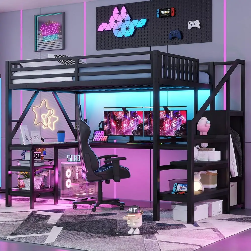 

Metal Loft Bed with Wardrobe, LED Light, L-Shaped Desk, USB Charging, Storage, and Study Area for Kids, Teens, and Adults in Bla