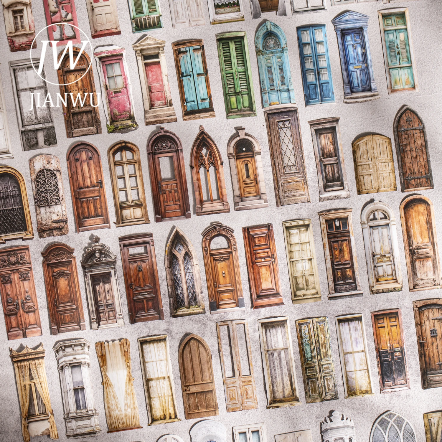 JIANWU Vintage Door Window Series Retro Hollow Window Landscape Material Collage Scrapbook Sticker Creative Journal Stationery