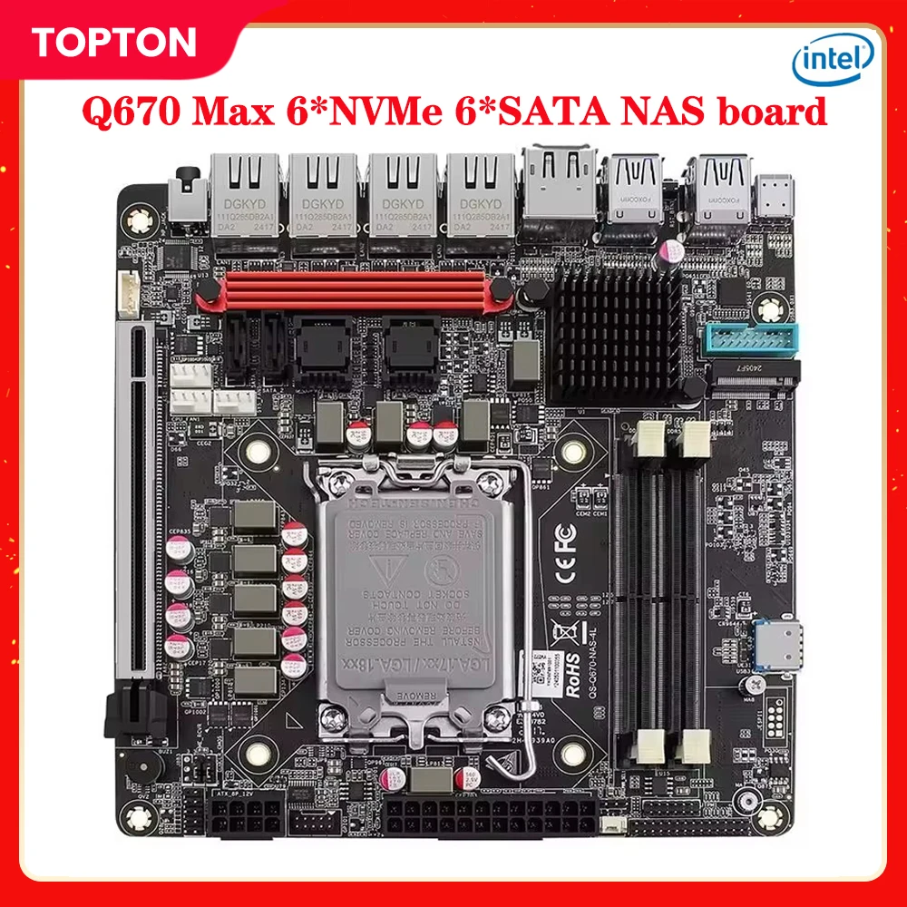 

New Q670 Intel vPro NAS Motherboard 12/13/14th Gen LGA1700 CPU PCIE5.0x16 Max 6*NVMe 6*SATA3.0 2x DDR5 4x 2.5G LAN ITX Mainboard