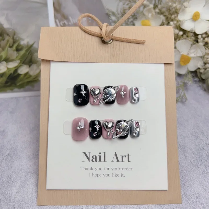 10 Stks/set Handgemaakte Pers Op Nagels Volledige Dekking Ontwerp Ronde Kop Nep Nagel Kunstmatige Manicure Draagbare Korte Zwart Roze Nagel Tips