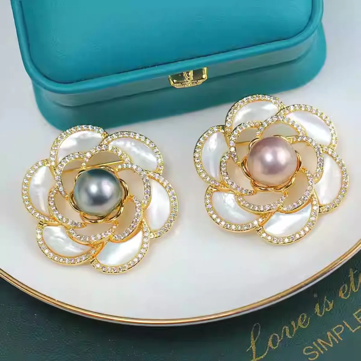 DIY Brooch Blank Brass Gold Plated Flower, Micro Pave Zircon Shell Base, Pearl Corsage Brooch