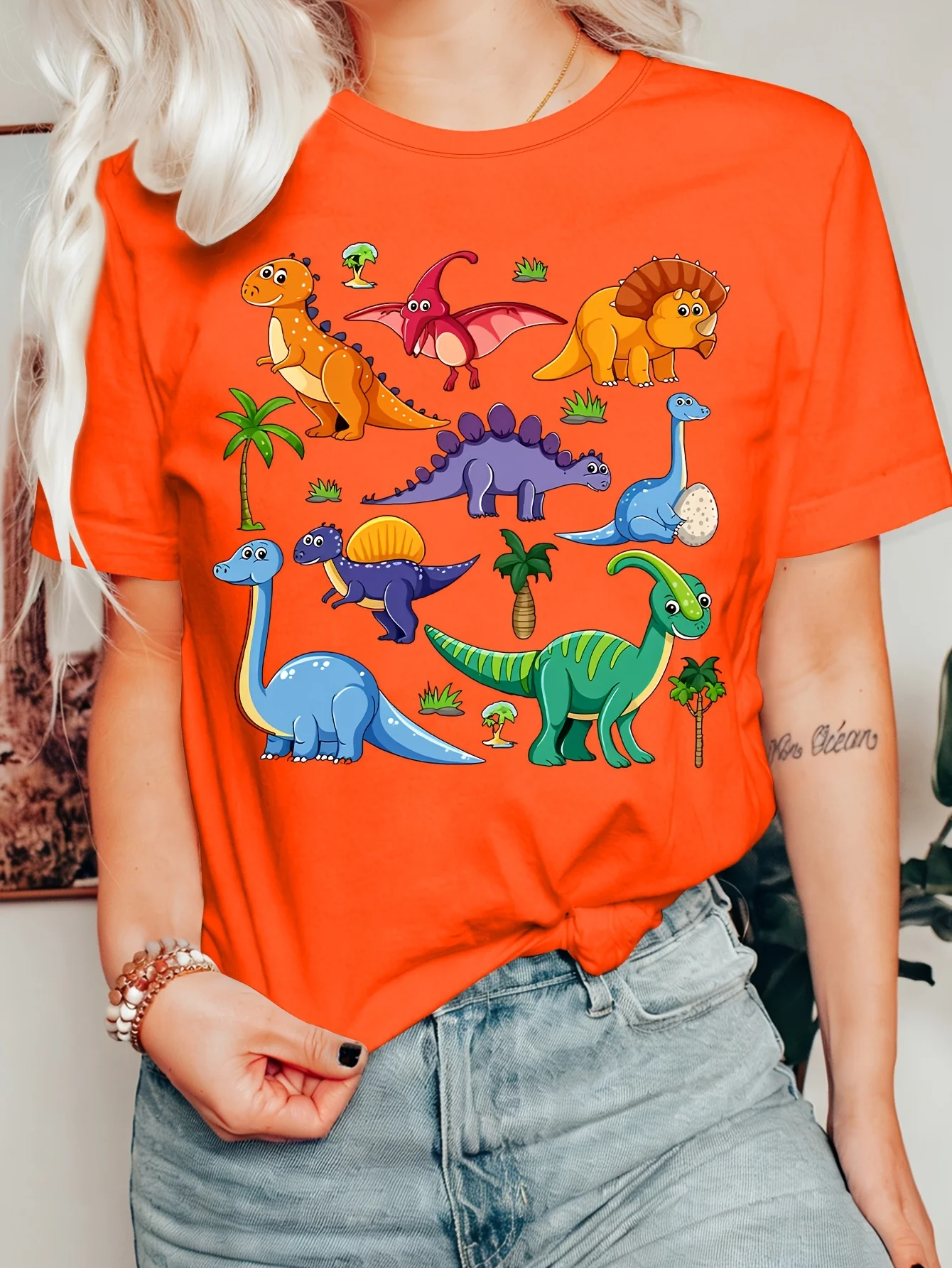 Women's Clothing Colorful Cartoon Dinosaur Collection Printed Round Neck Short Sleeved Fashionable Commuting Vacation Daily Top
