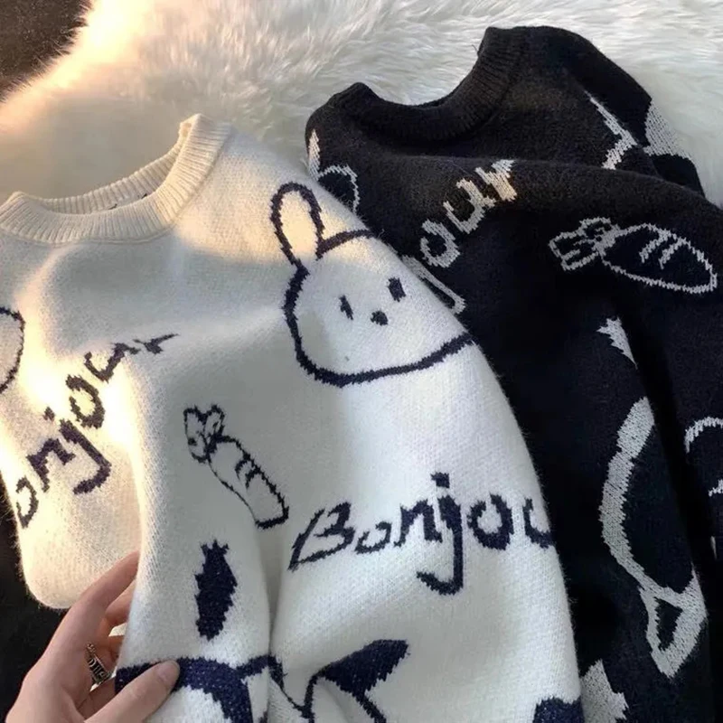 

GIDYQ Cartoon Rabbit Sweater Women Y2k Harajuku Vintage Kawaii O Neck Pullovers Bf Loose Lazy Wind Students All Match Sweatshirt