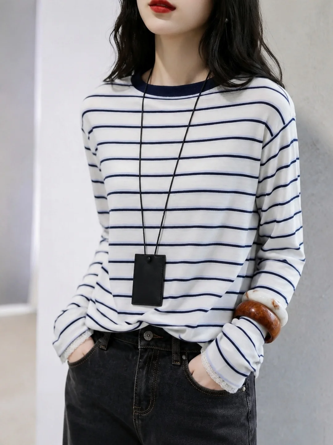 Korean Style Striped Long Sleeve round Neck T-Shirt Casual Versatile Women's Top Soft Comfortable Fabric Commute Suitable