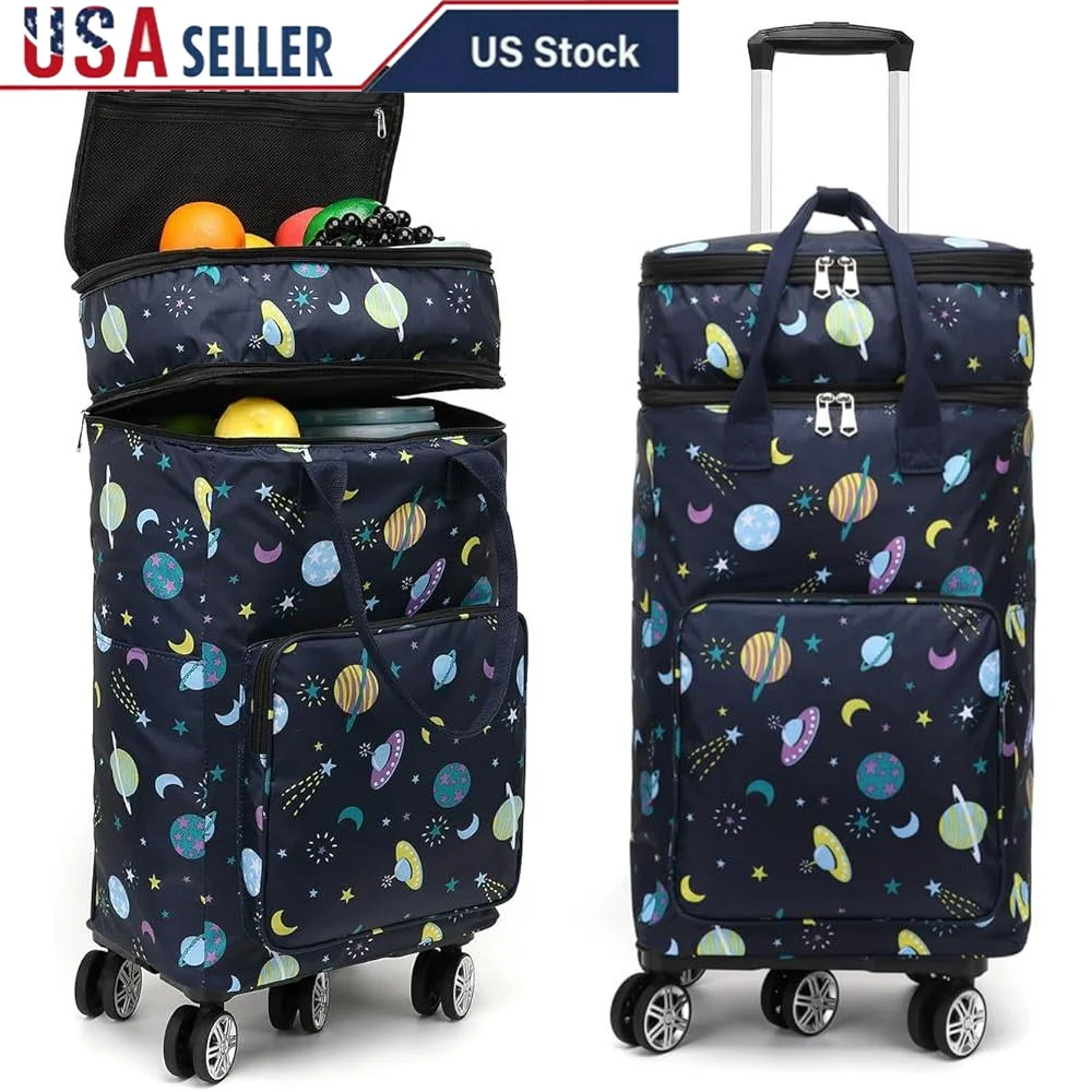 

2 in 1 Foldable Shopping Cart Utility Dolly 360° Wheels Portable Grocery Hand Truck Telescopic Rod Waterproof Bag Storage