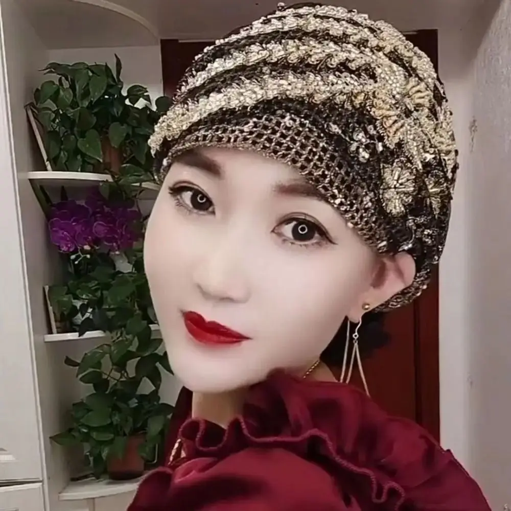 Lace Turban Hats for Women Muslim Headscarf Head Wraps Caps Female Daily Beanie Hair Cover Cap Glitter Diamonds Embroidery