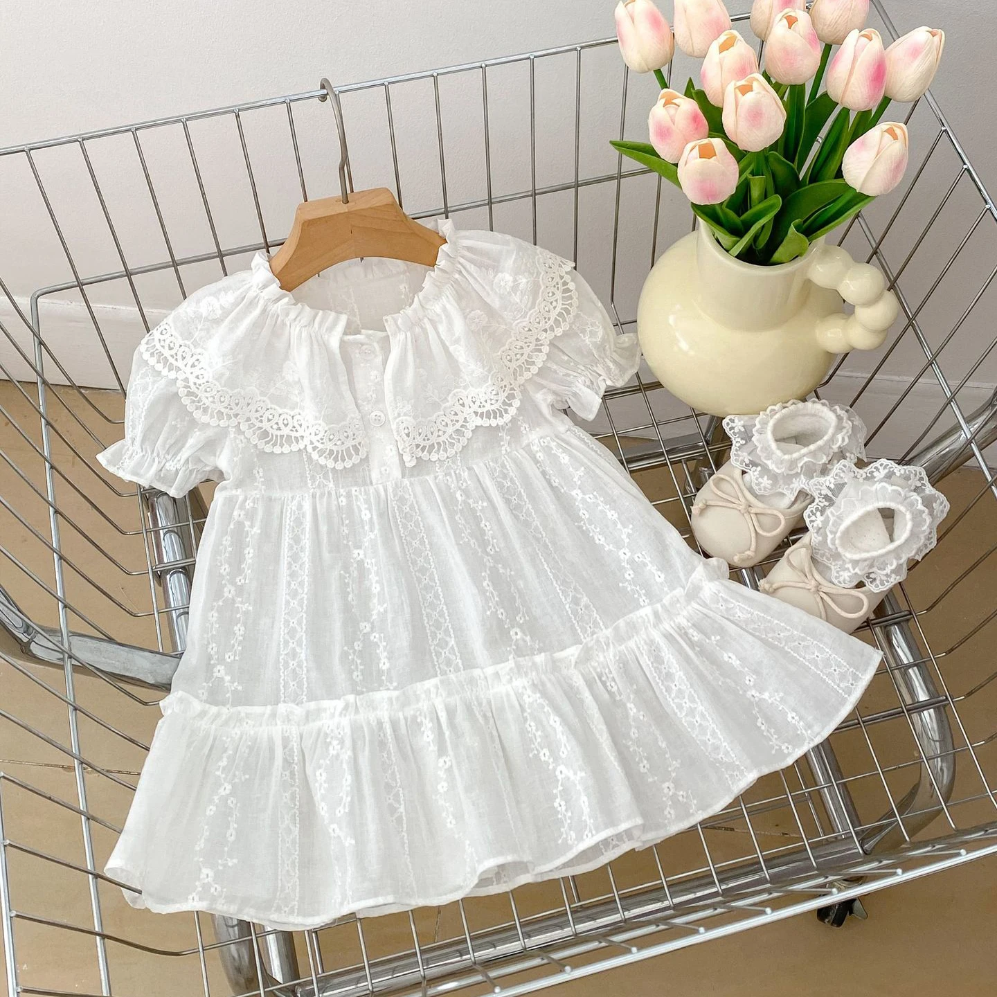 Summer girl baby sisters dress Sweet Cute foreign style baby short sleeve romper lace lapel wrap fart dress girl Baby dress