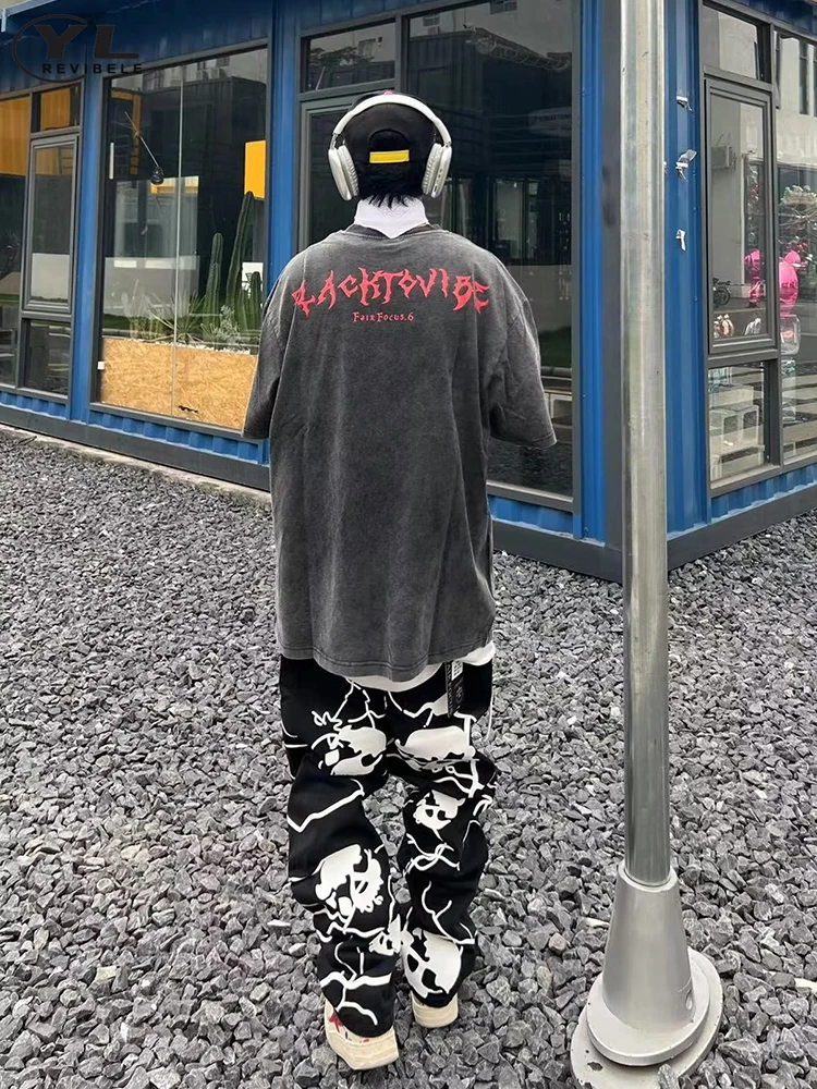 Hip Hop Street Washed Jeans Man Skull Printing Casual Straight Pants Baggy Spring Male Y2K Gothic Punk Oversized Denim Trousers