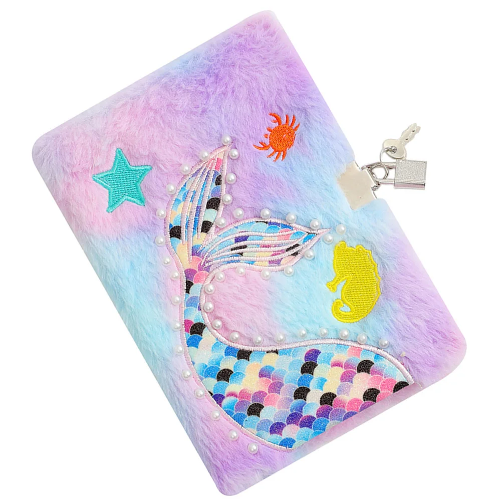 

Mermaid Notebook Girls Fluffy Decorate with Lock for Kids Diary Cover Plush Cartoon Tail Notepad Child