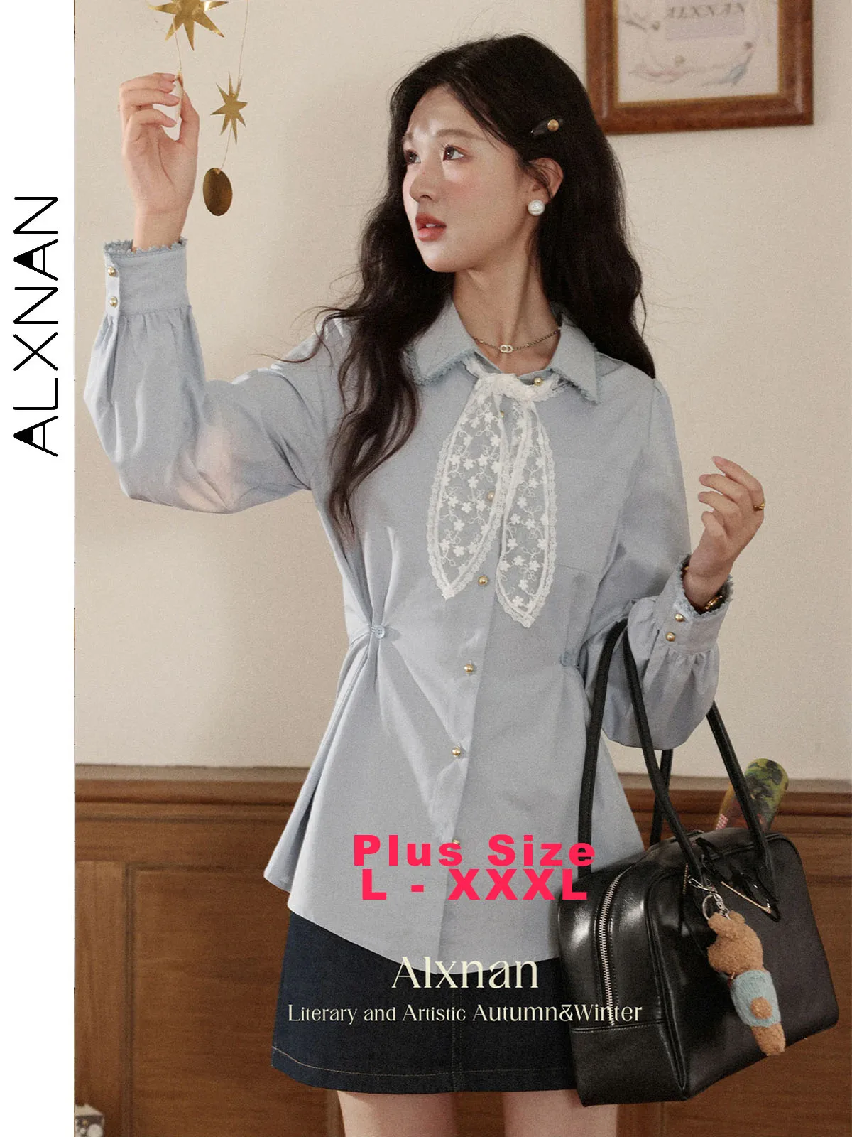 

ALXNAN Plus Size Blue Shirt Women Lapel Casual Long Sleeve Blouses Office Lady Metal Button Lace Tie Waist Tops Female D12330