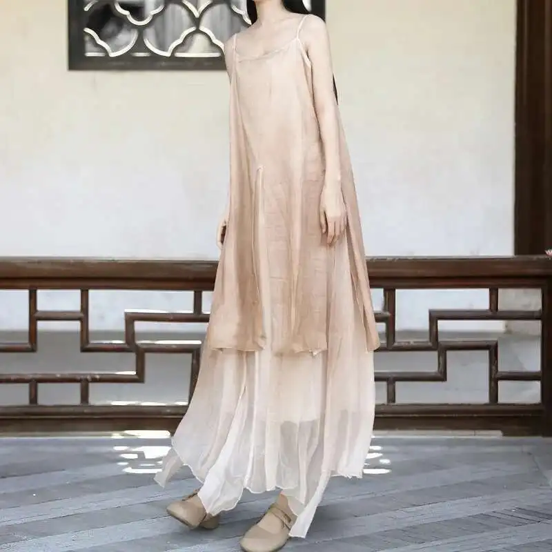 UMI MAO-Vestido feminino de algodão e cânhamo, vestido com vinco pressionado, saia tingida de carbono, saia velha, 3 camadas, fluindo, Novo, 2022