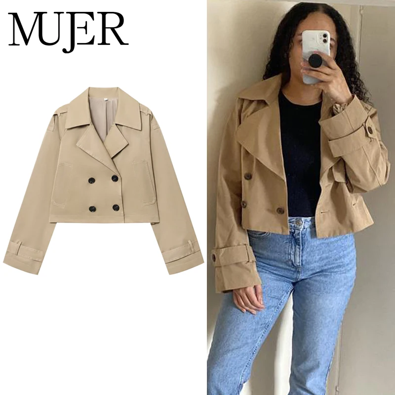 

MUJER Cropped Jackets for Women Double Breasted Trench Coat Woman New in Coats Women's Windbreaker Outerwears Short Trench Coat
