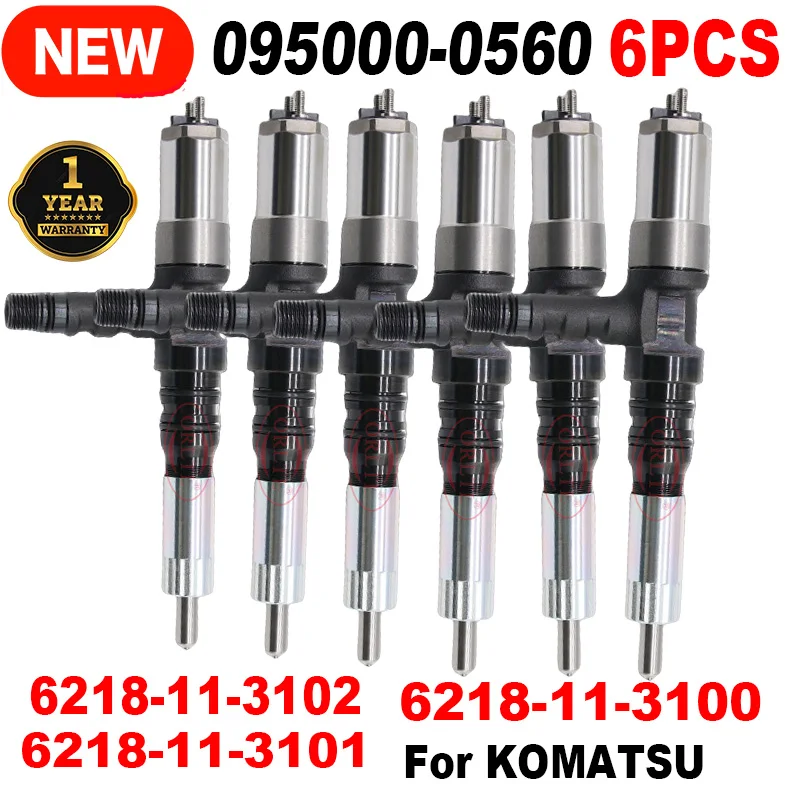 6PCS 095000-0560 6218-11-3101 6218-11-3100 6218-11-3102 Genuine Diessel Injector 0950000560 For Komatsu PC600-8 Excavator 6D140