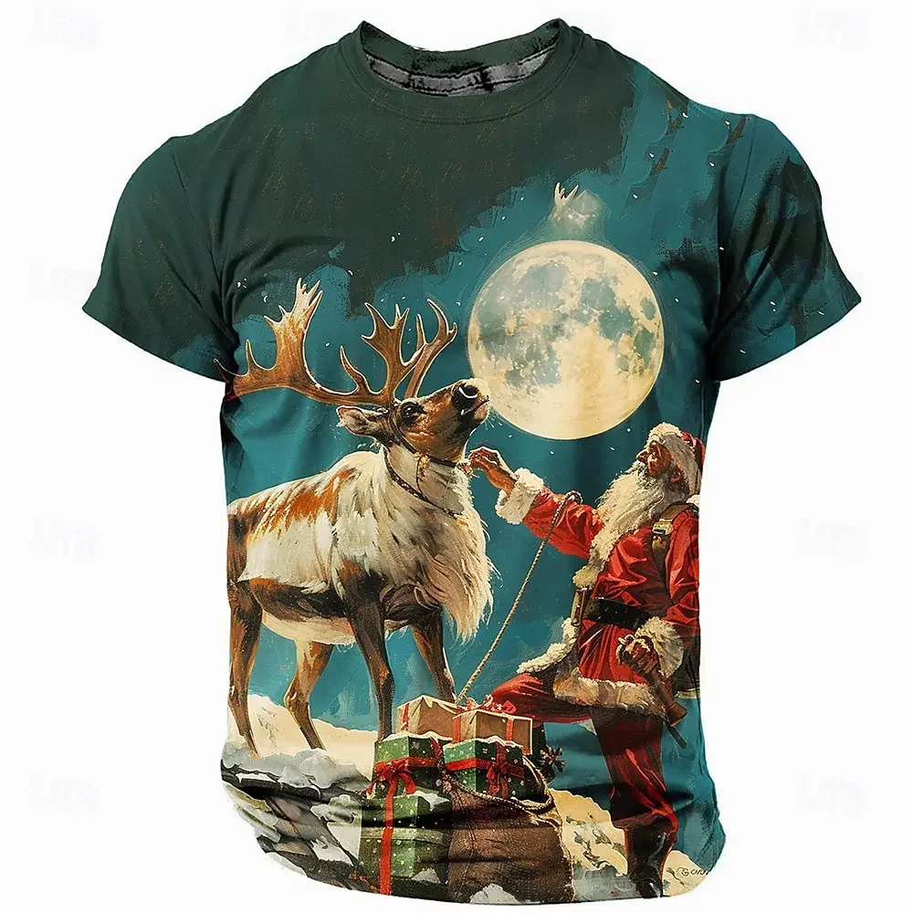 Christmas T-Shirts For Men 3D Santa Claus Deer Printed Men's Clothing Designer Short Sleeved Loose Oversized T-Shirt Street Tops