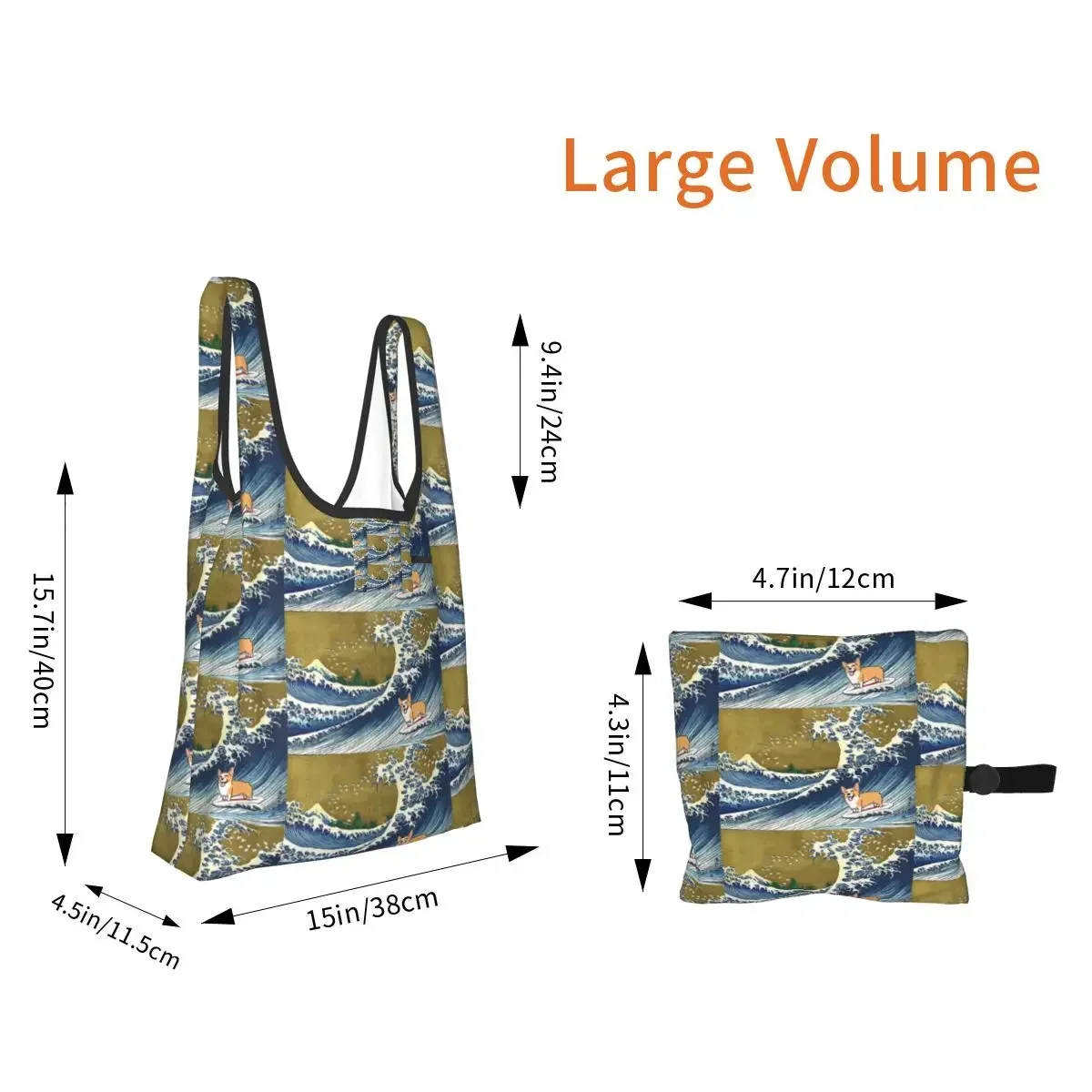 Corgi Dog Surfing The Great Wave Shopping Bag Portable Tote Bags Foldable Shoulder Shopper Bag Grocery Handbag