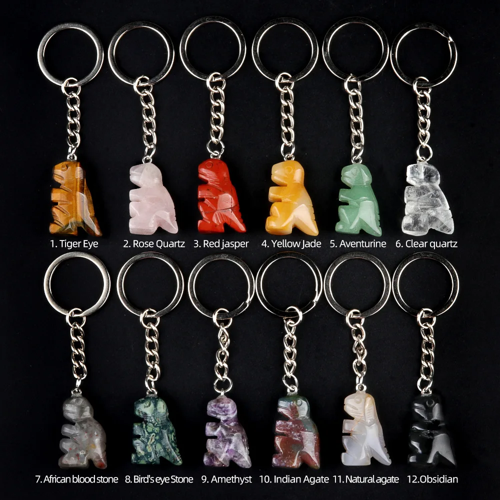 

10pcs Carving Little Dinosaur Stone Key Rings Chakra Gem Charms Keychains Healing Crystal Keyrings for Women Men