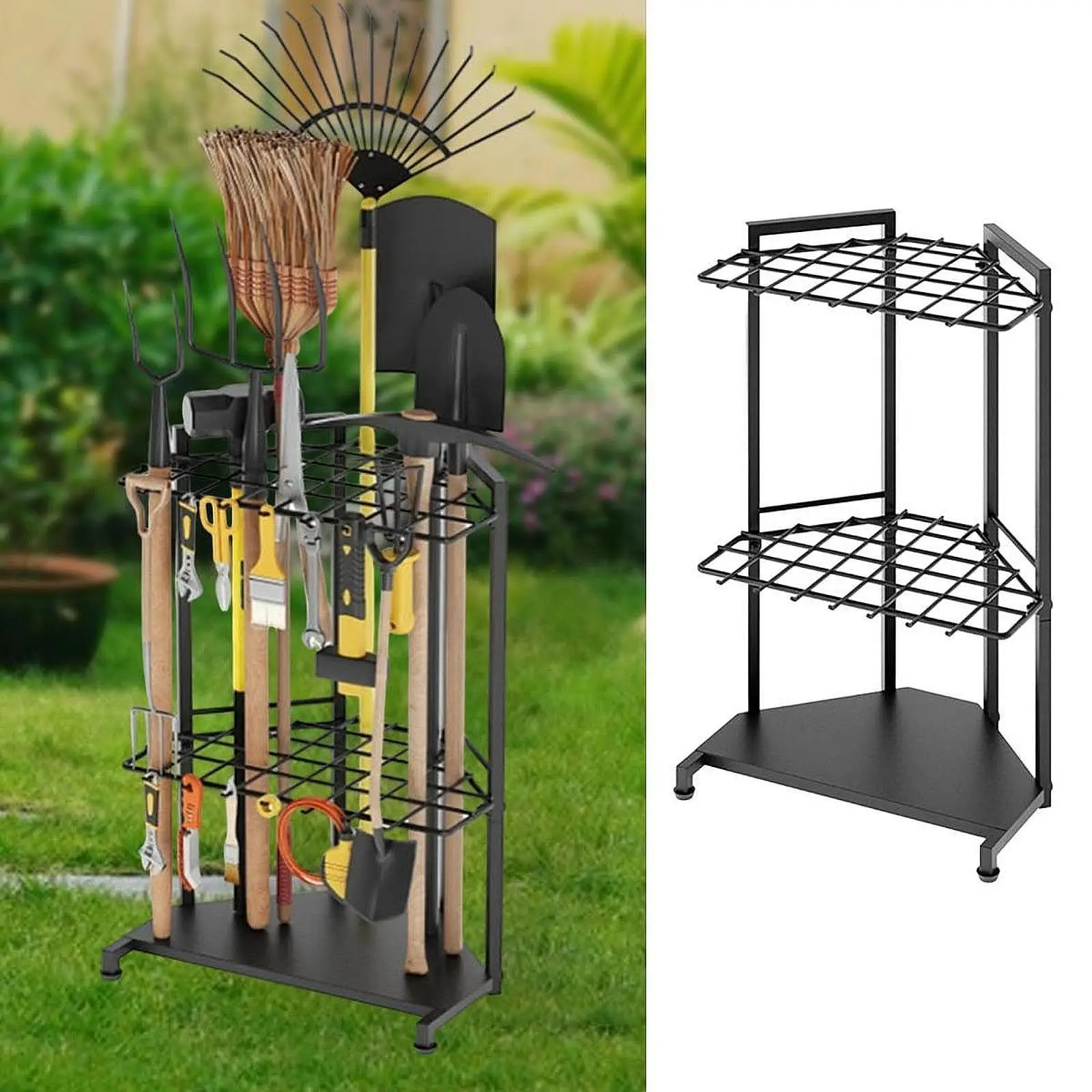 Garden Tool Organizer Yard Tools Rack 3 Tier Metal Garage Tools Storage Stand Heavy Duty for Brooms Lawn Indoors Rakes Garage