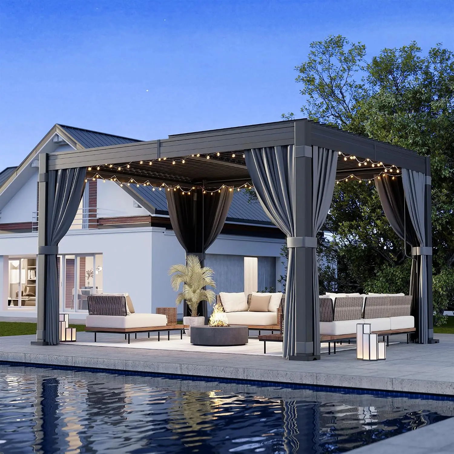 10x12 FT Louvered Pergola with Curtains & Netting Gray | Metal Outdoor Pergolas with Adjustable Roof for Deck,, Customized