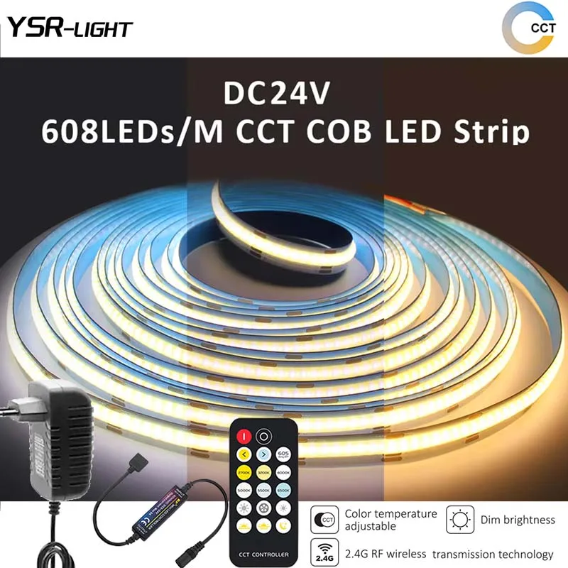 RF Controller CCT Light Kit DC24V COB 608LEDs/m 2600K-6000K Flexible Color Temperature Adjust 17keys Remote No Network Required