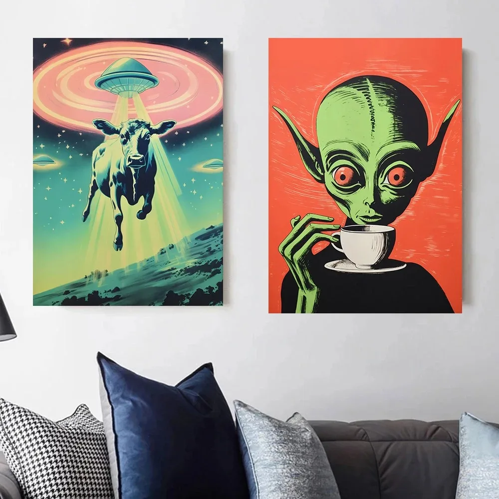 UFO Flying Saucer Alien Drink Coffee Art Print Poster Cow Abduction Canvas Printing Print Retro Sci Fi Wall Art Funny Home Decor