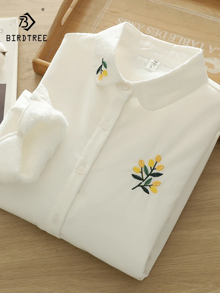 

Новинка 2025, осенняя хлопковая флисовая рубашка с длинными рукавами, женская отложной воротник с вышивкой, свободная блузка Mori Girl Literature T5O025CC