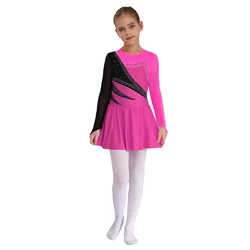 Figure Skating Dress Kids Girls Long Sleeve Rhinestone Patchwork Ballet Gymnastics Leotard Dance Dress for Dancing Competition