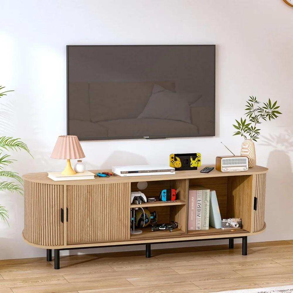 Современная деревянная подставка под телевизор середины века для 75, телевизоры с изогнутыми краями и местом для хранения вещей для использования в спальне