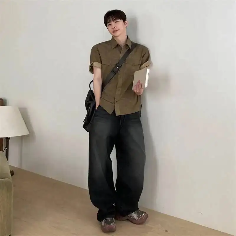 Vintage Men's Workwear Short-sleeve Shirt Summer Loose Casual Blouse Korean-style Versatile Single Breasted Top TDLB