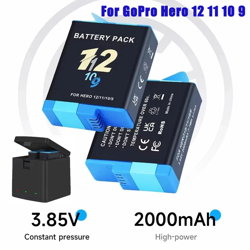 Batería para cámara GoPro Hero 9, 10, 11, 12, batería de 2000mAh, caja de carga rápida para GoPro Hero, accesorios de batería recargable