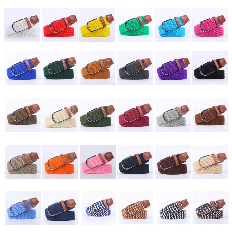 3.3cmX107cm Unisex Elastic Fabric Woven Casual Belt Pin Buckle Expandable Braided Stretch Canvas Leisure Belts for Men Women