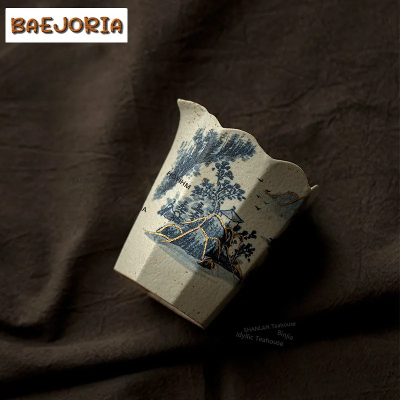 BAEJORIA 175ml Hand-painted Blue And White Tea Pitcher Gold Drawing Landscape Pour Tea Cha Hai Dispenser Justice Cup Fair Mug