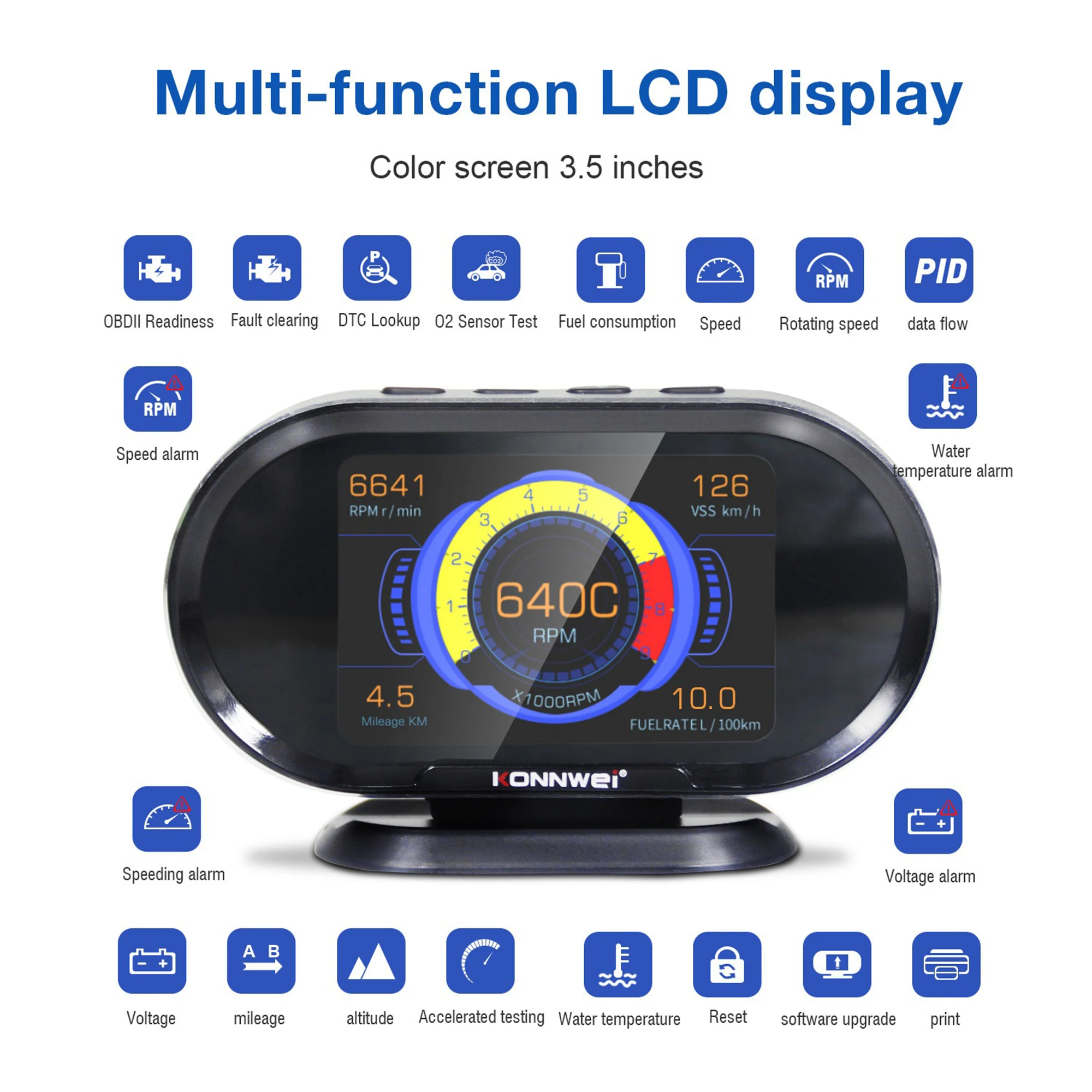 KONNWEI KW206 OBD2 HUD Digital Meter Speedometer Temperature Pressure  Fuel Consumption Gauge, 3.5-Inch Color LCD Display