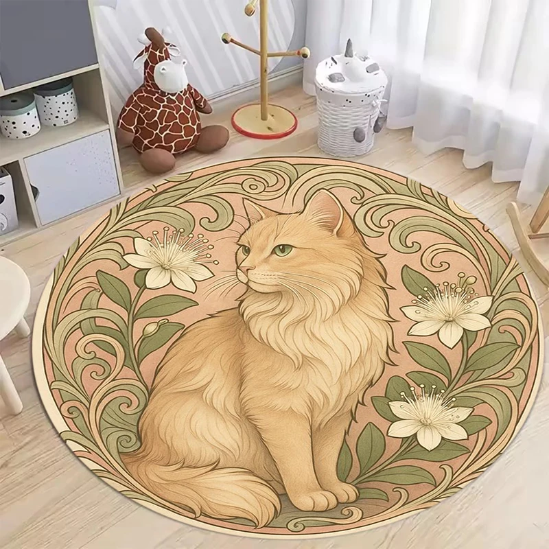 Round Art Nouveau Cat Floral Area Rug Vintage Botanical Carpet Soft Non-Slip for Living Room Bedroom Nursery  Bedroom Decor