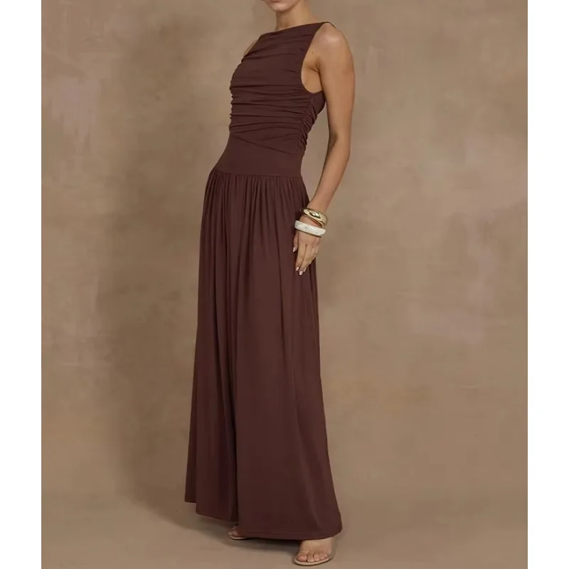 Elegant Sleeveless Maxi Dress For Women Fashion Solid Boat Neck Tank Dresses Ladies Sexy Ruched Long Dress New Gown