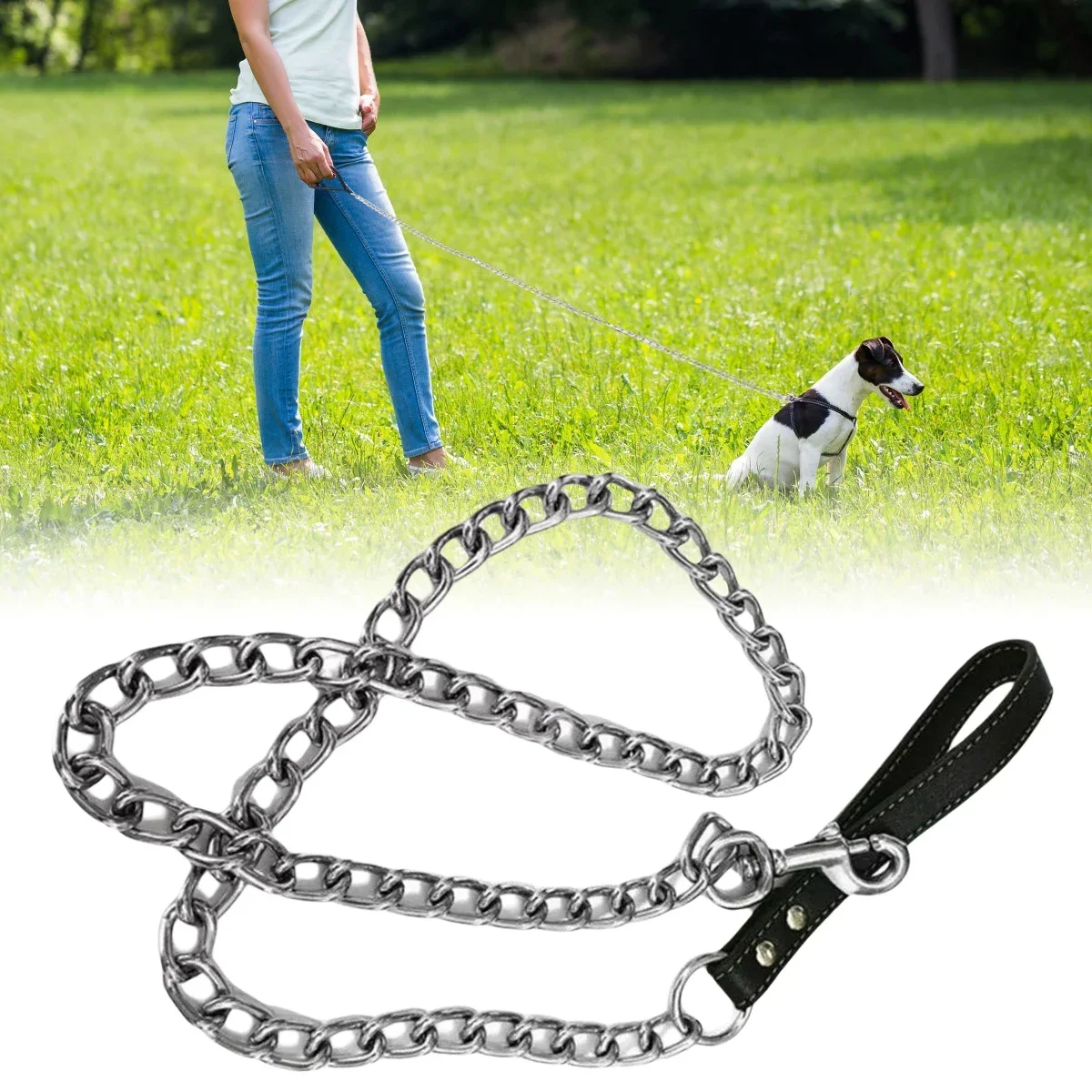

1Pcs Metal Chain Dog Lead With Leather Handle Control Leash Iron Dog Pets Supplies Collars Harnesses