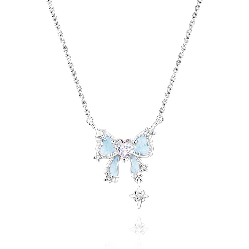 925 Silver Sweet Blue Night Light Love Bow Necklace Shining Zircon Earnail Jewelry Set Women's Birthday Party Gift
